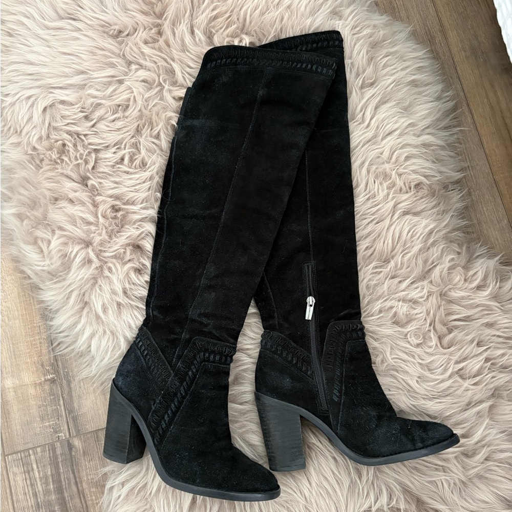 Vince Camuto Black Suede Over-the-Knee Block Heel Boots